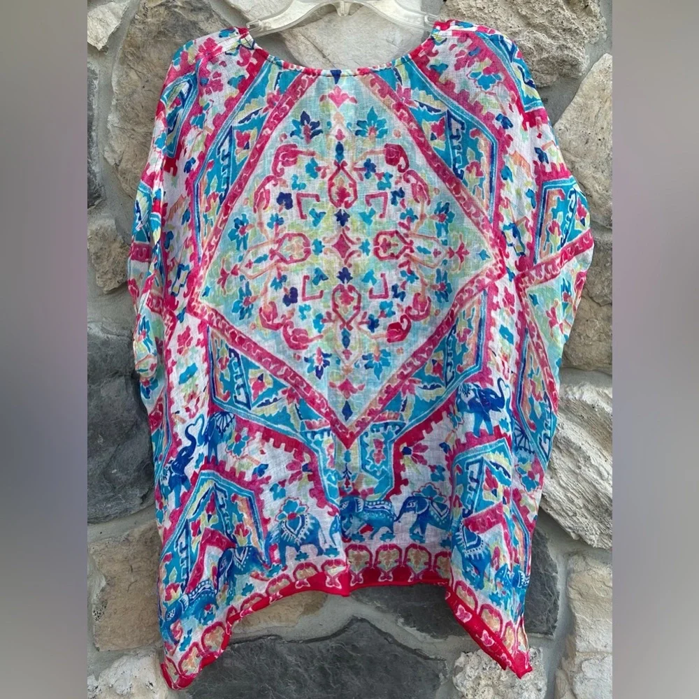Chicos Caftan Blouse Size S/M 100% Linen Colorful Bohemian Lightweight Summer - Picture 2 of 6